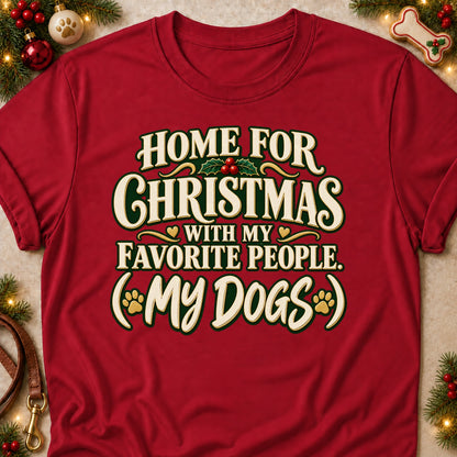 My Favorite People dog mom T-shirt in Cardinal Red, laid flat. [bb c=cardinal-red r=flat]