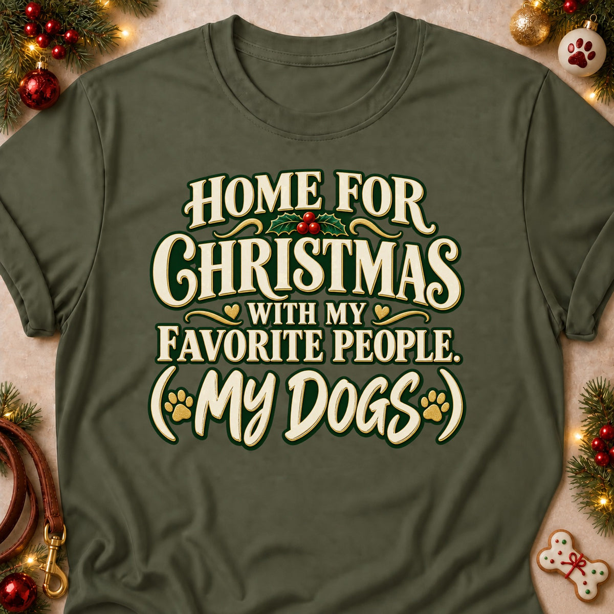 My Favorite People dog mom T-shirt in Military Green, laid flat. [bb c=military-green r=flat]