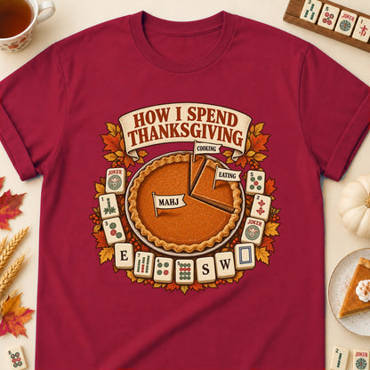 How I Spend Thanksgiving mahjong T-shirt in Cardinal Red, laid flat. [bb c=cardinal-red r=flat]