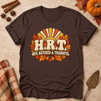 H.R.T. Hot, Retired & Thankful T-shirt in Dark Chocolate, laid flat. [bb c=dark-chocolate r=flat]
