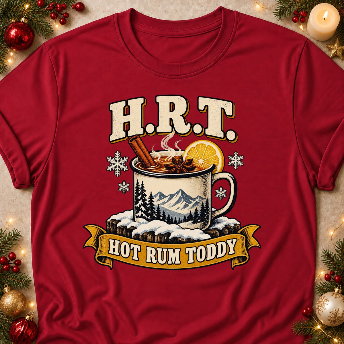 H.R.T. Hot Rum Toddy T-shirt in Cardinal Red, laid flat. [bb c=cardinal-red r=flat]