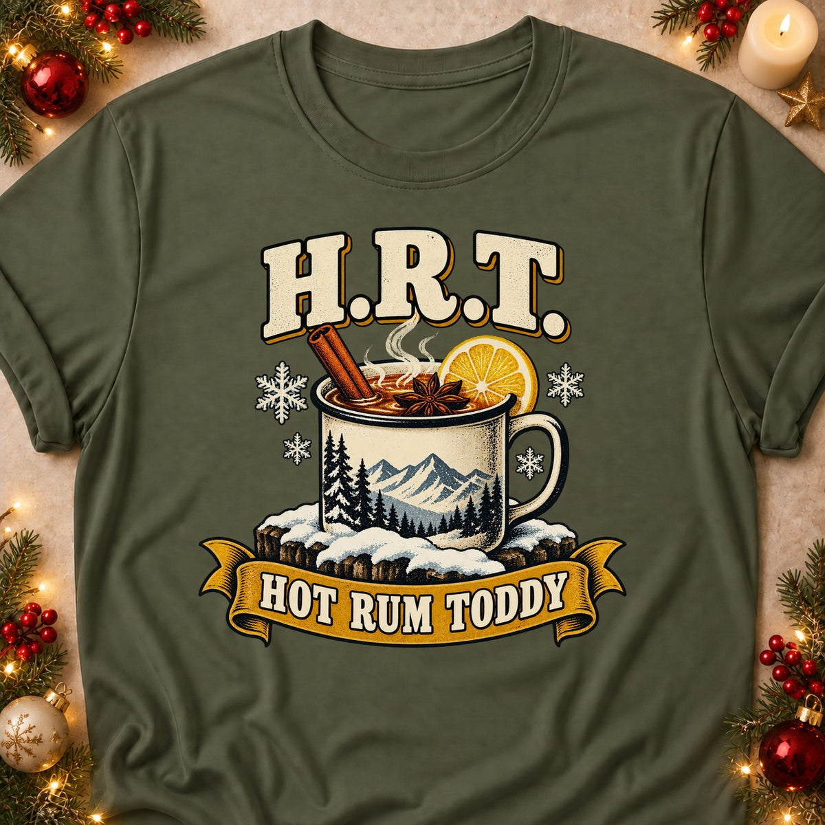 H.R.T. Hot Rum Toddy T-shirt in Military Green, laid flat. [bb c=military-green r=flat]