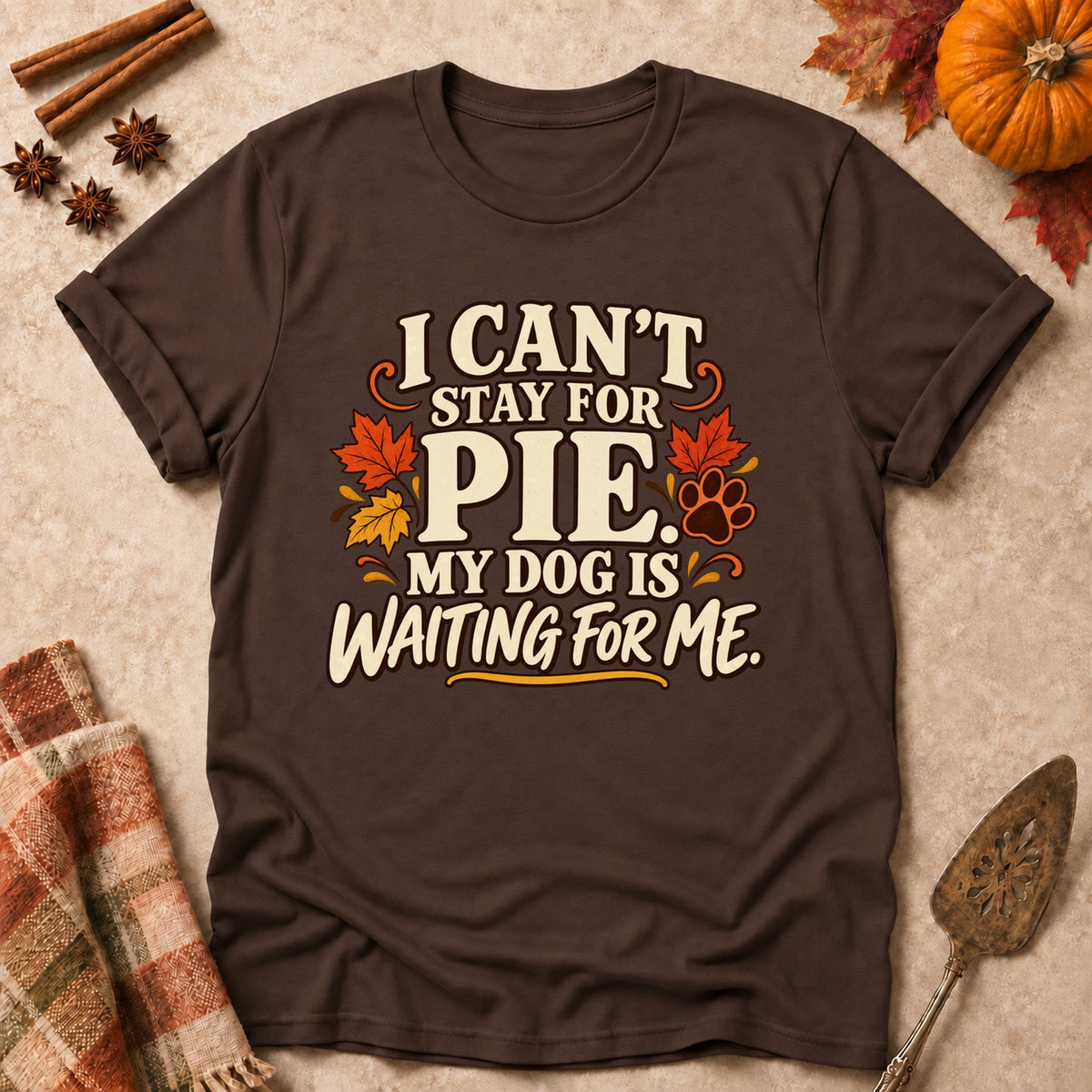 Can't Stay Long dog mom T-shirt in Dark Chocolate, laid flat. [bb c=dark-chocolate r=flat]