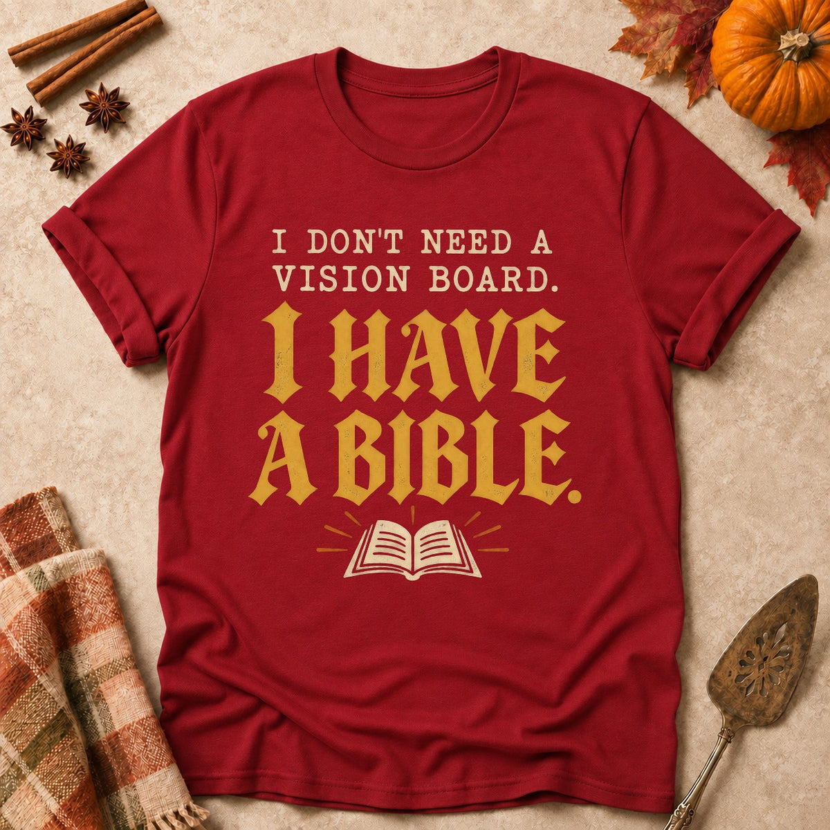 I Have A Bible faith T-shirt in Cardinal Red, laid flat. [bb c=cardinal-red r=flat]