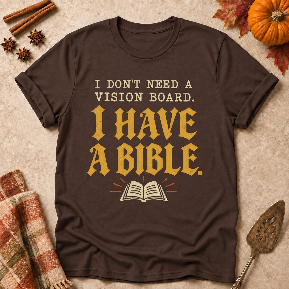 I Have A Bible faith T-shirt in Dark Chocolate, laid flat. [bb c=dark-chocolate r=flat]