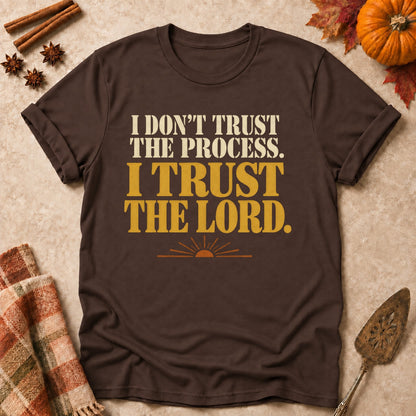 I Trust The Lord faith T-shirt in Dark Chocolate, laid flat. [bb c=dark-chocolate r=flat]