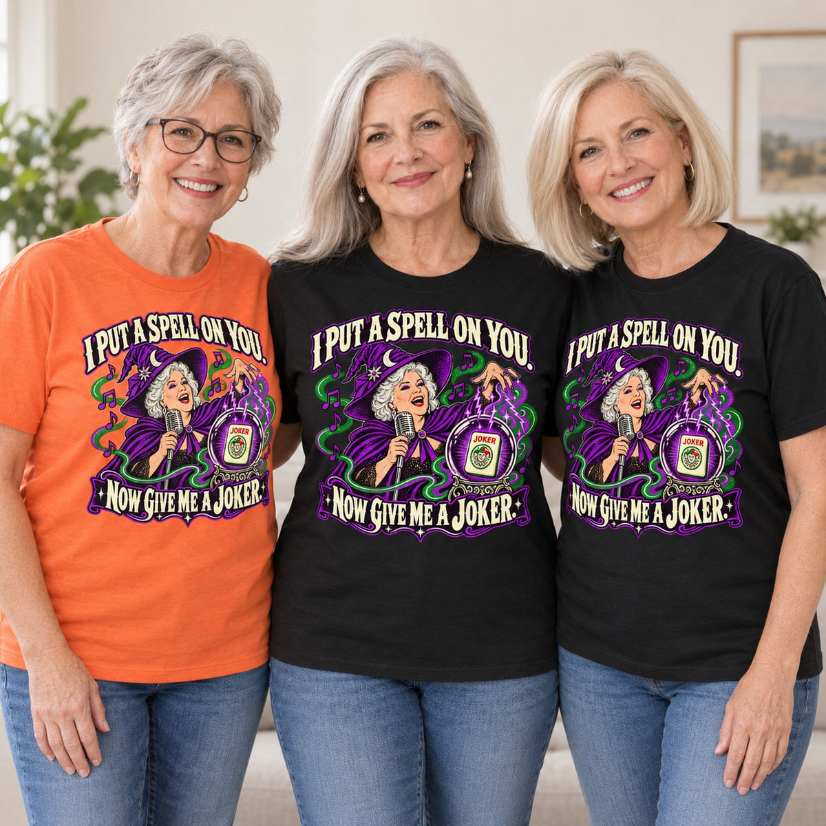 I Put A Spell On You mahjong T-shirt worn by three friends. Friends are wearing M, L and XL. [bb c=all r=friends]