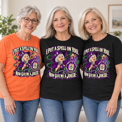 I Put A Spell On You mahjong T-shirt worn by three friends. Friends are wearing M, L and XL. [bb c=all r=friends]