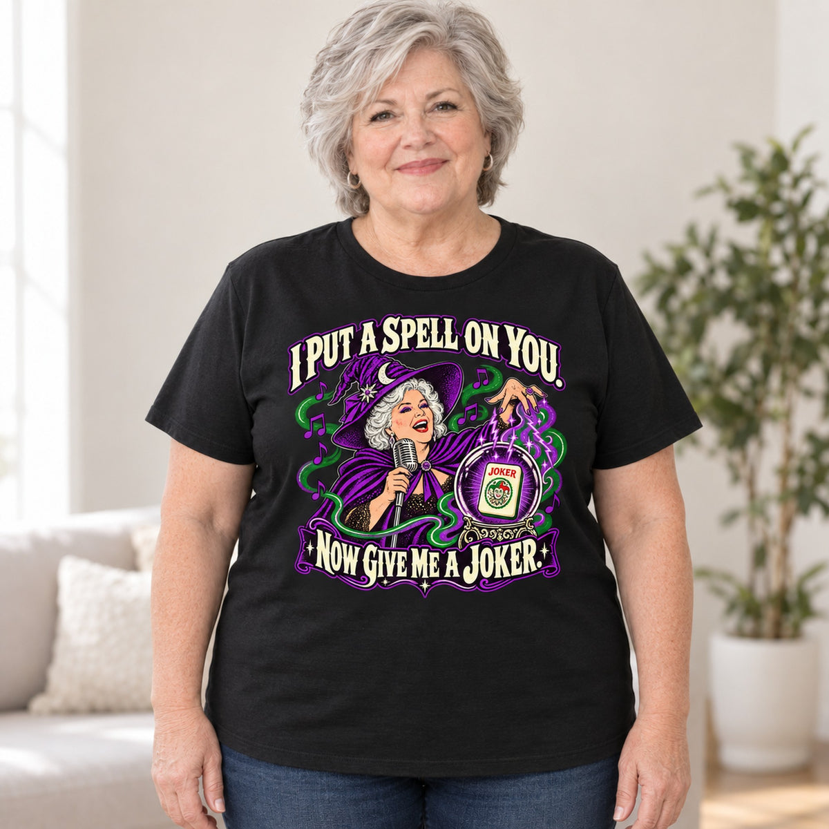 I Put A Spell On You mahjong T-shirt in Black, worn by Debra. Debra is 5′4″ and wears her usual size 2XL. [bb c=black r=body2]