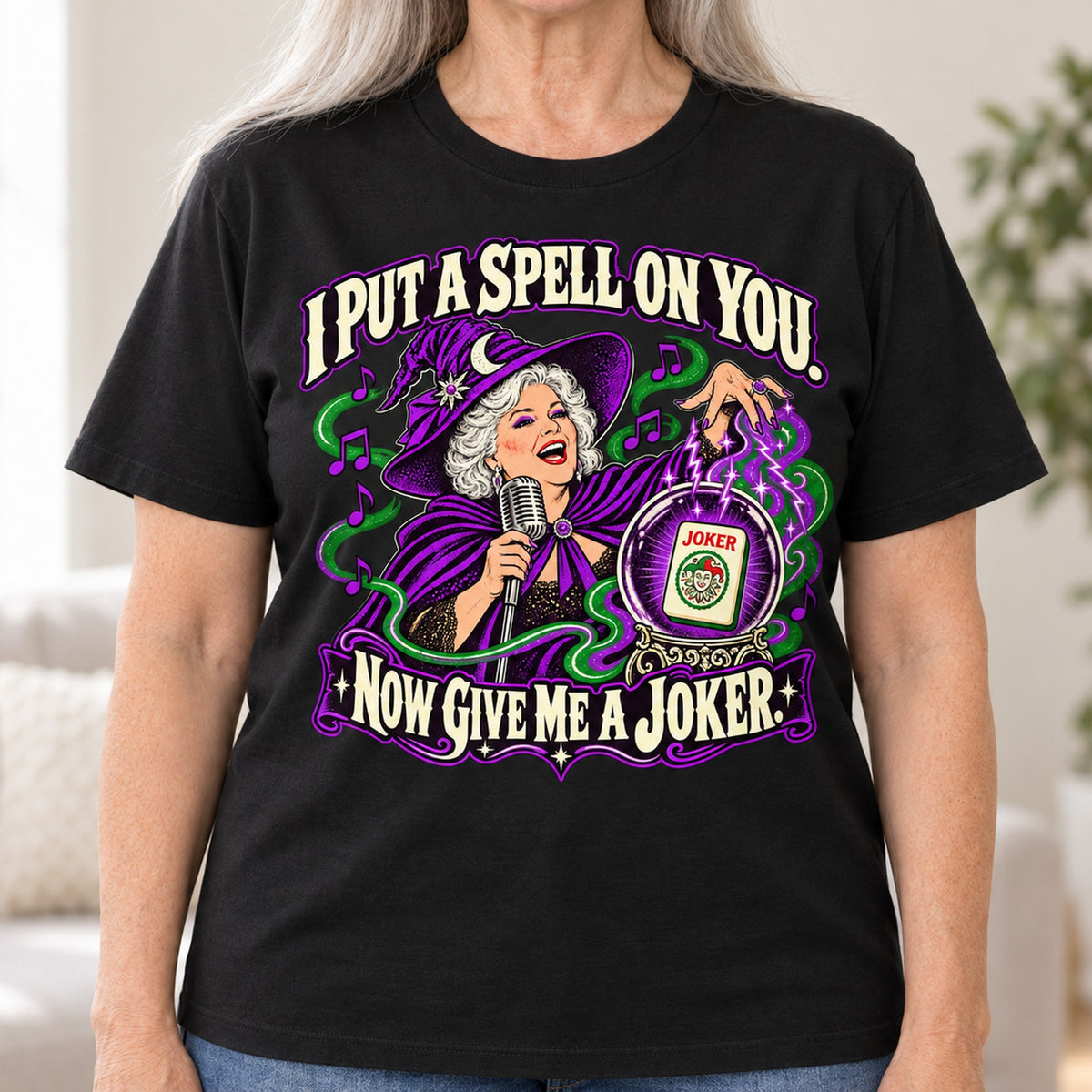 I Put A Spell On You mahjong T-shirt in Black, close-up of the print, worn by Marilyn. Marilyn is 5′5″ and wears her usual size L. [bb c=black r=close]