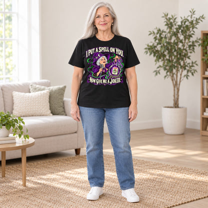I Put A Spell On You mahjong T-shirt in Black, full length, worn by Marilyn. Marilyn is 5′5″ and wears her usual size L. [bb c=black r=fit]