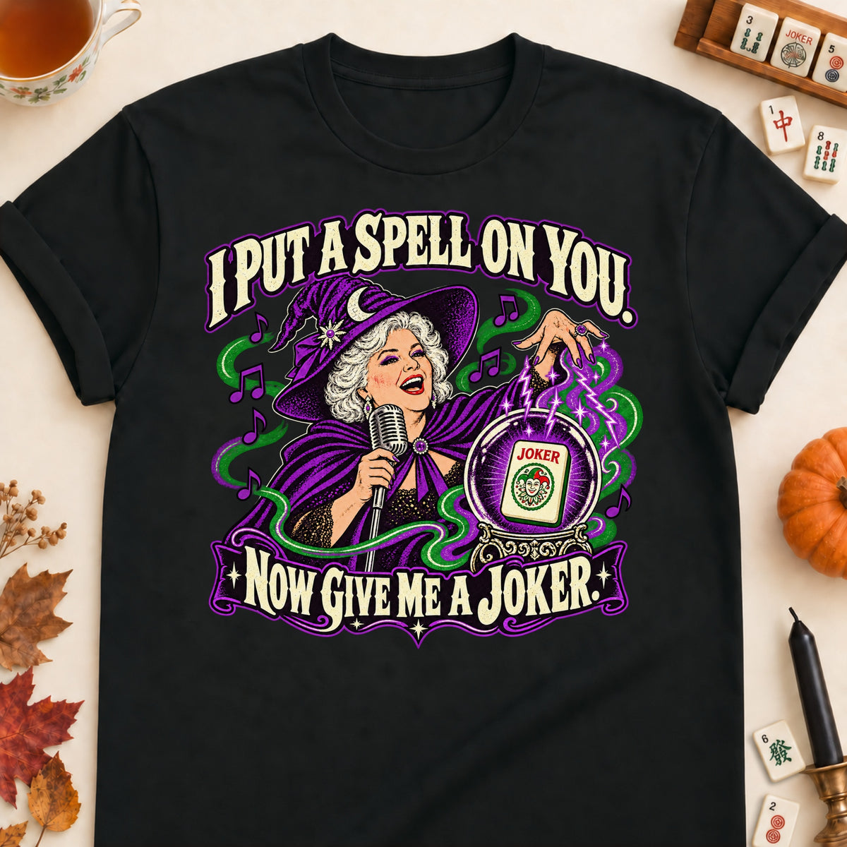 I Put A Spell On You mahjong T-shirt in Black, laid flat. [bb c=black r=flat]