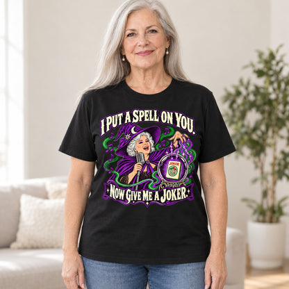 I Put A Spell On You mahjong T-shirt in Black, worn by Marilyn. Marilyn is 5′5″ and wears her usual size L. [bb c=black r=hero]