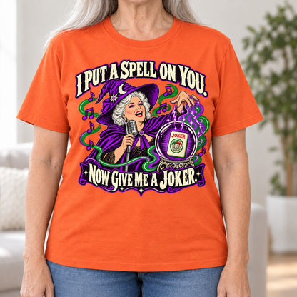 I Put A Spell On You mahjong T-shirt in Orange, close-up of the print, worn by Marilyn. Marilyn is 5′5″ and wears her usual size L. [bb c=orange r=close]