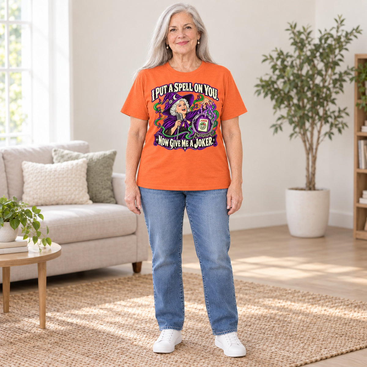 I Put A Spell On You mahjong T-shirt in Orange, full length, worn by Marilyn. Marilyn is 5′5″ and wears her usual size L. [bb c=orange r=fit]