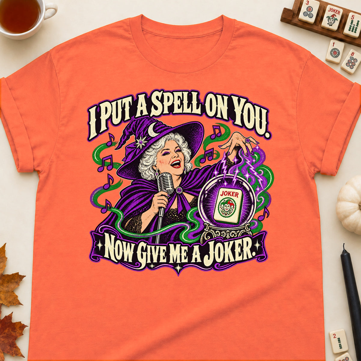 I Put A Spell On You mahjong T-shirt in Orange, laid flat. [bb c=orange r=flat]