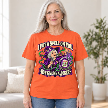 I Put A Spell On You mahjong T-shirt in Orange, worn by Marilyn. Marilyn is 5′5″ and wears her usual size L. [bb c=orange r=hero]