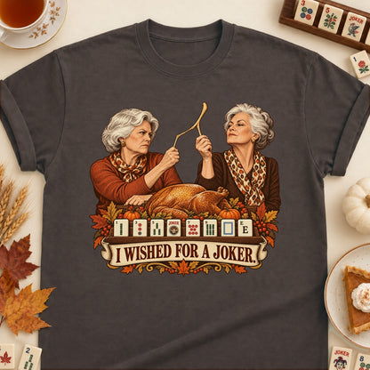 I Wished For A Joker mahjong T-shirt in Dark Chocolate, laid flat. [bb c=dark-chocolate r=flat]