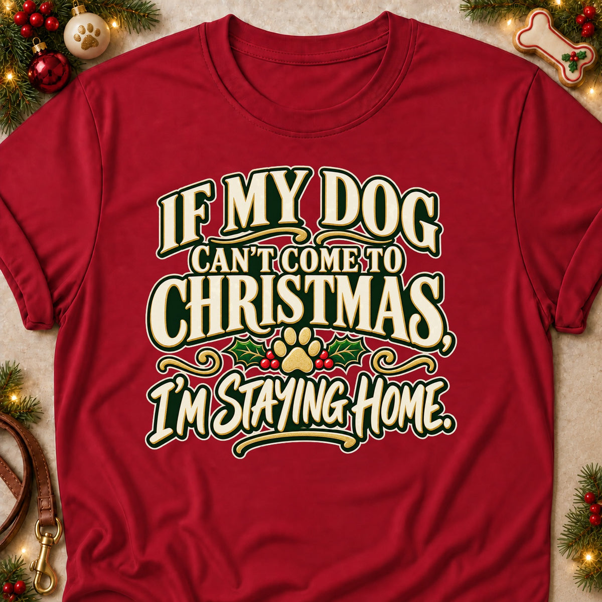 I'm Staying Home dog mom T-shirt in Cardinal Red, laid flat. [bb c=cardinal-red r=flat]