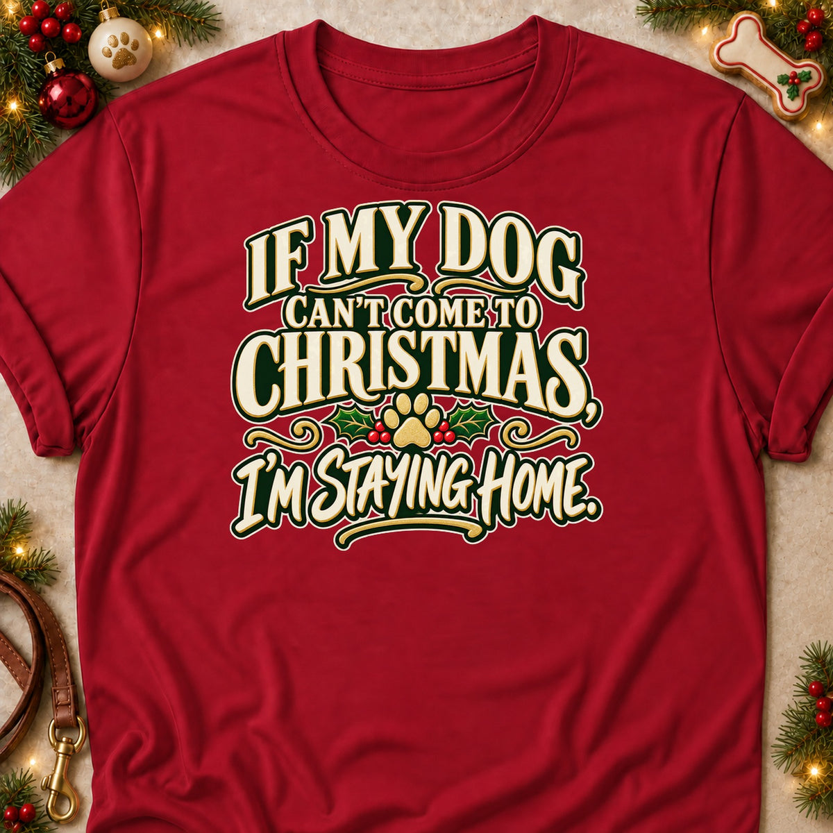 I'm Staying Home dog mom T-shirt in Cardinal Red, laid flat. [bb c=cardinal-red r=flat]