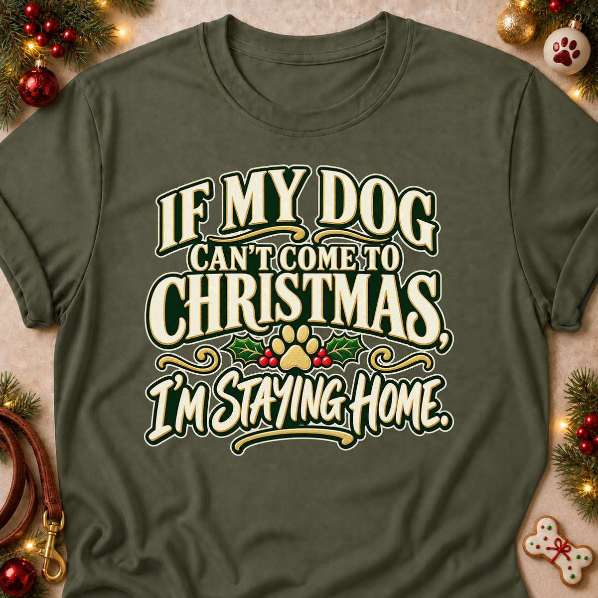 I'm Staying Home dog mom T-shirt in Military Green, laid flat. [bb c=military-green r=flat]