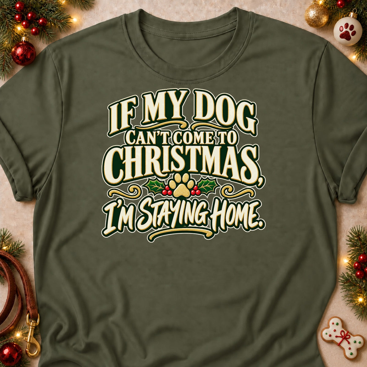 I'm Staying Home dog mom T-shirt in Military Green, laid flat. [bb c=military-green r=flat]
