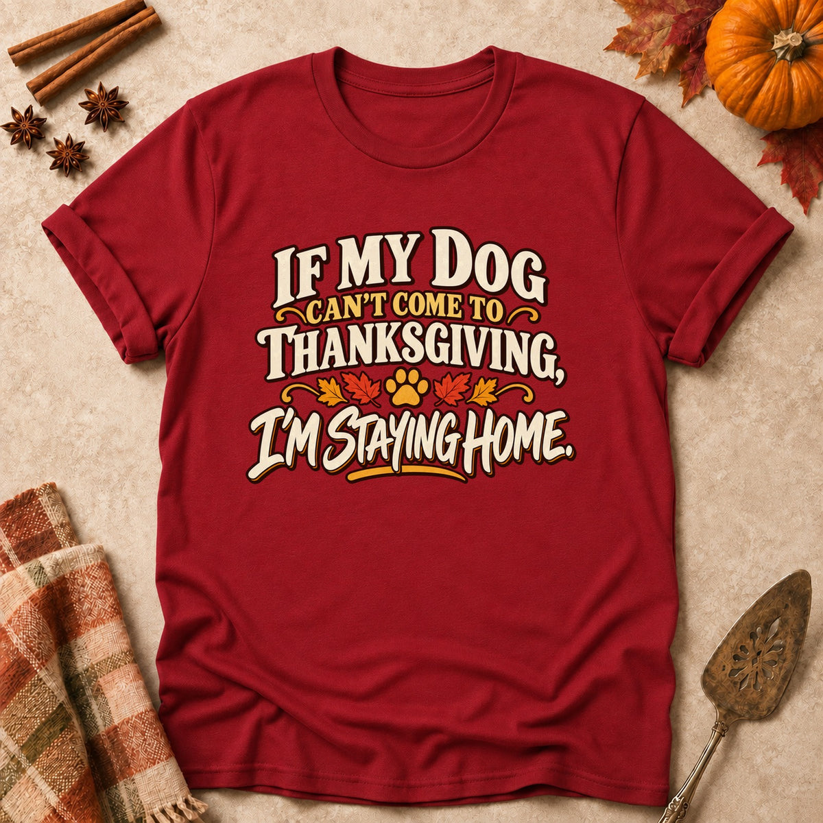 I'm Staying Home dog mom T-shirt in Cardinal Red, laid flat. [bb c=cardinal-red r=flat]