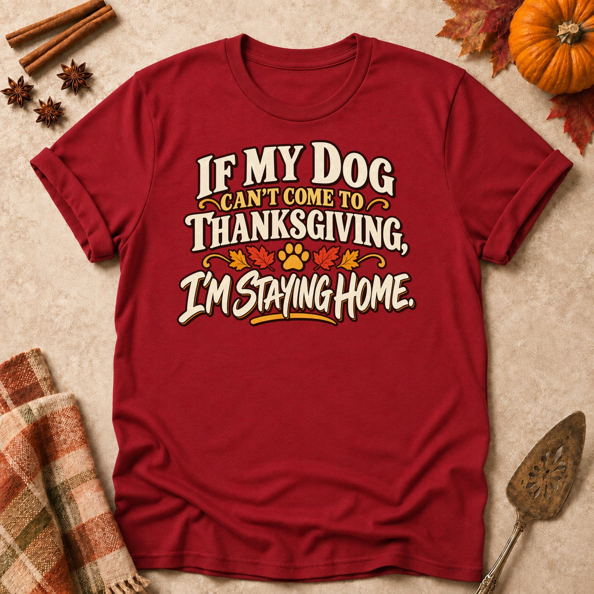 I'm Staying Home dog mom T-shirt in Cardinal Red, laid flat. [bb c=cardinal-red r=flat]