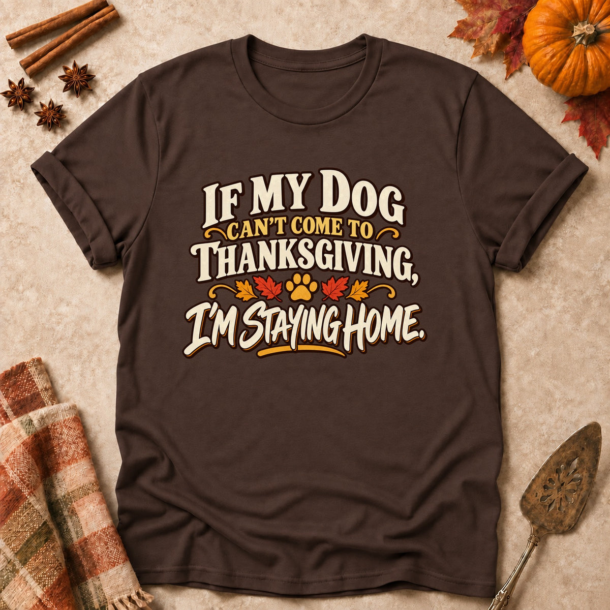 I'm Staying Home dog mom T-shirt in Dark Chocolate, laid flat. [bb c=dark-chocolate r=flat]