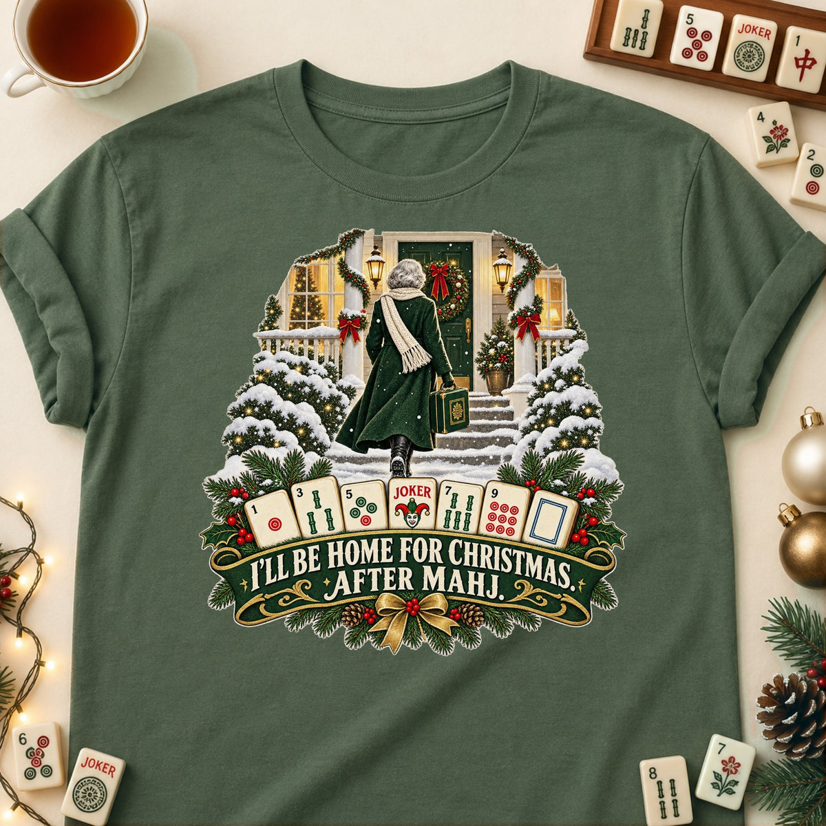 Home After Mahj mahjong T-shirt in Military Green, laid flat. [bb c=military-green r=flat]