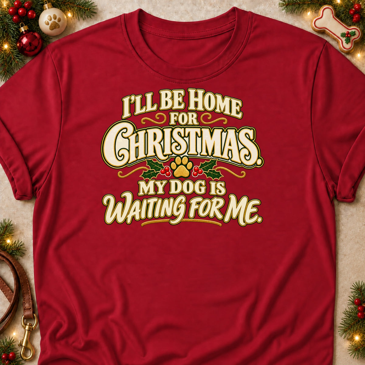 Can't Stay Long dog mom T-shirt in Cardinal Red, laid flat. [bb c=cardinal-red r=flat]