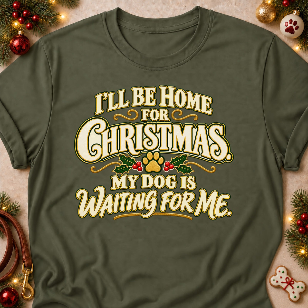 Can't Stay Long dog mom T-shirt in Military Green, laid flat. [bb c=military-green r=flat]