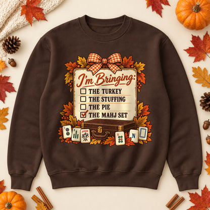 I'm Bringing The Mahj Set sweatshirt in Dark Chocolate, laid flat. [bb c=dark-chocolate r=flat]