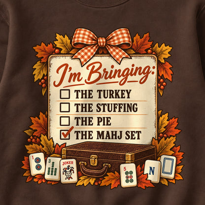 I'm Bringing The Mahj Set Mahjong Sweatshirt in Dark Chocolate — design detail
