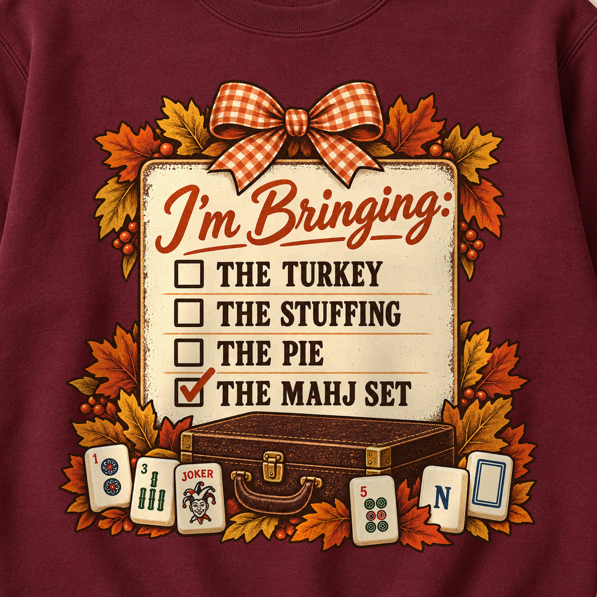 I'm Bringing The Mahj Set Mahjong Sweatshirt in Maroon — design detail