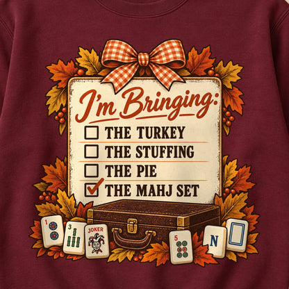 I'm Bringing The Mahj Set Mahjong Sweatshirt in Maroon — design detail