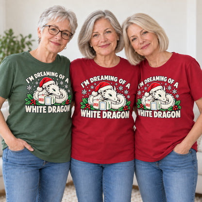 White Dragon mahjong T-shirt worn by three friends. Friends are wearing M, L and XL. [bb c=all r=friends]