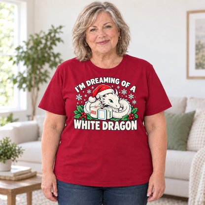 White Dragon mahjong T-shirt in Cardinal Red, worn by Debra. Debra is 5′4″ and wears her usual size 2XL. [bb c=cardinal-red r=body2]
