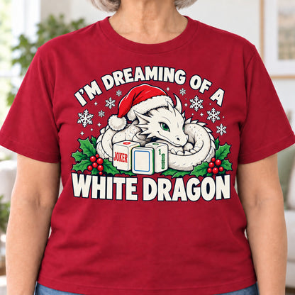 White Dragon mahjong T-shirt in Cardinal Red, close-up of the print, worn by Carol. Carol is 5′5″ and wears her usual size L. [bb c=cardinal-red r=close]