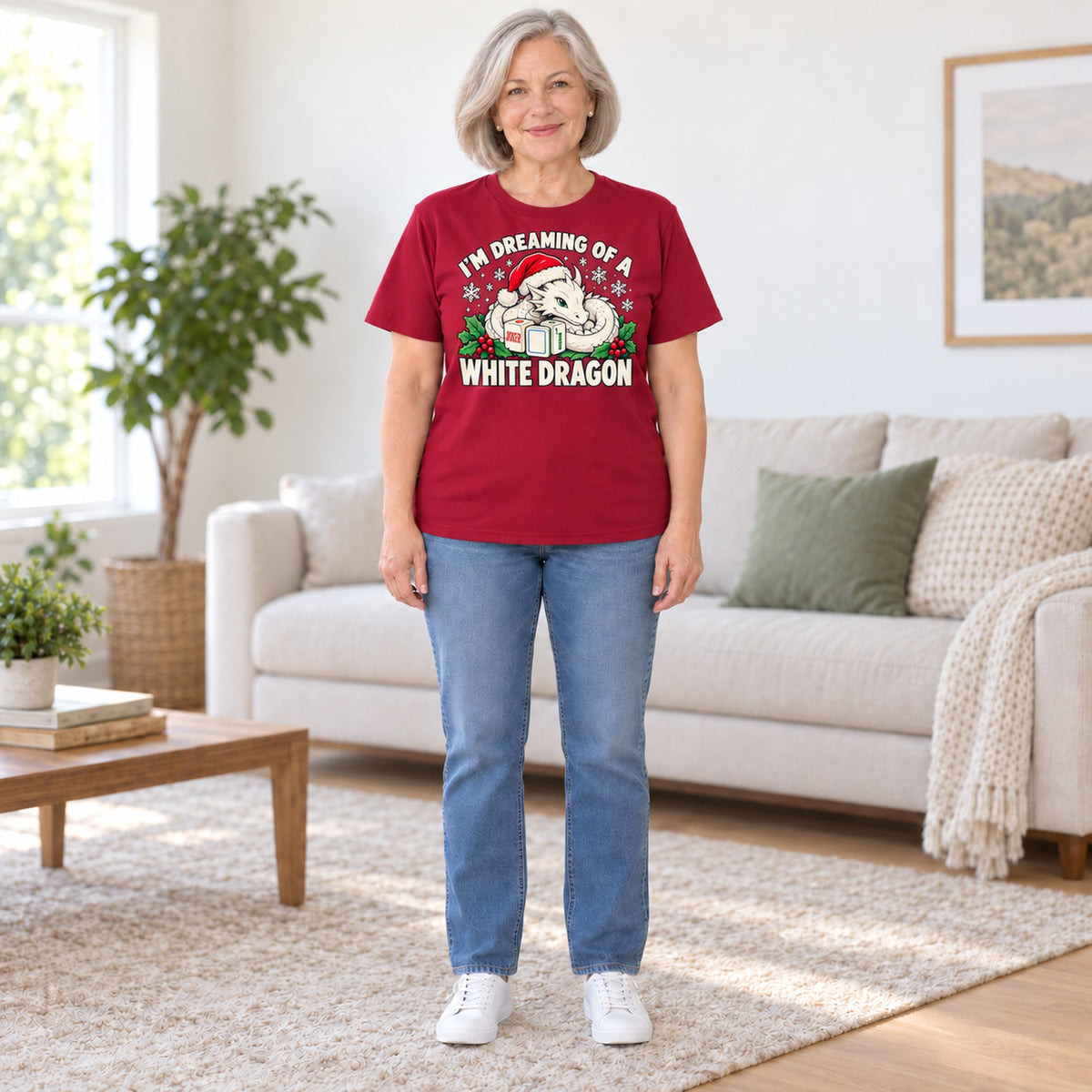 White Dragon mahjong T-shirt in Cardinal Red, full length, worn by Carol. Carol is 5′5″ and wears her usual size L. [bb c=cardinal-red r=fit]