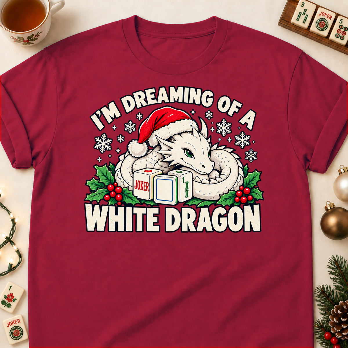 White Dragon mahjong T-shirt in Cardinal Red, laid flat. [bb c=cardinal-red r=flat]