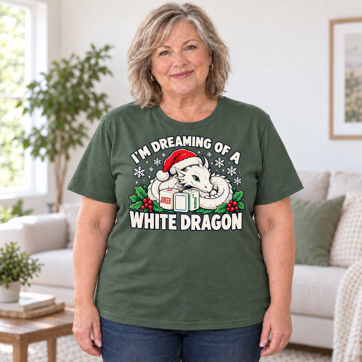 White Dragon mahjong T-shirt in Military Green, worn by Debra. Debra is 5′4″ and wears her usual size 2XL. [bb c=military-green r=body2]