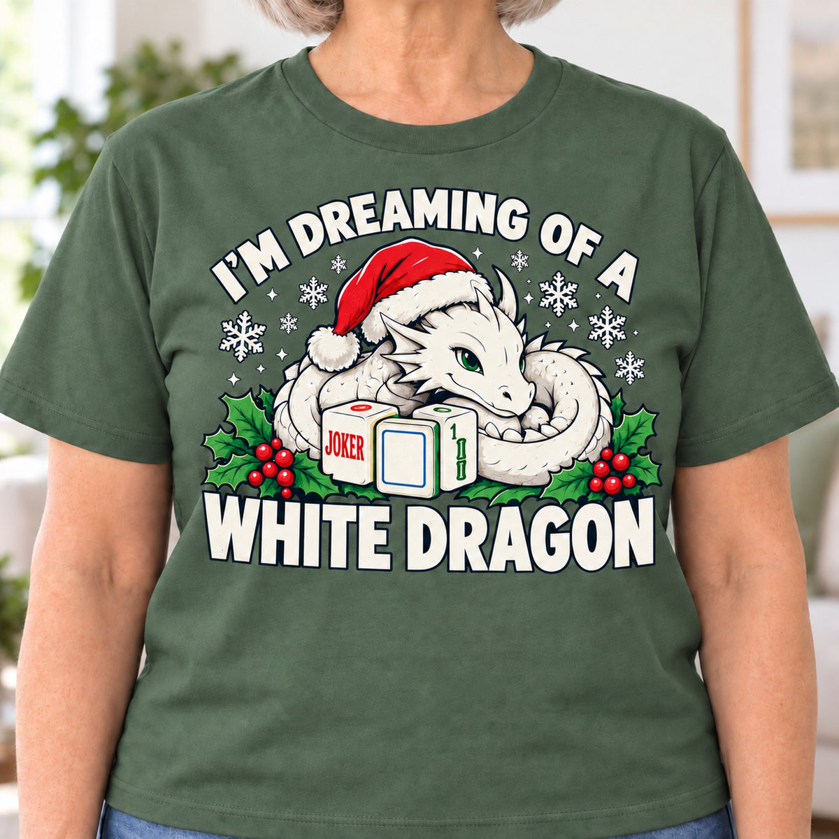 White Dragon mahjong T-shirt in Military Green, close-up of the print, worn by Carol. Carol is 5′5″ and wears her usual size L. [bb c=military-green r=close]