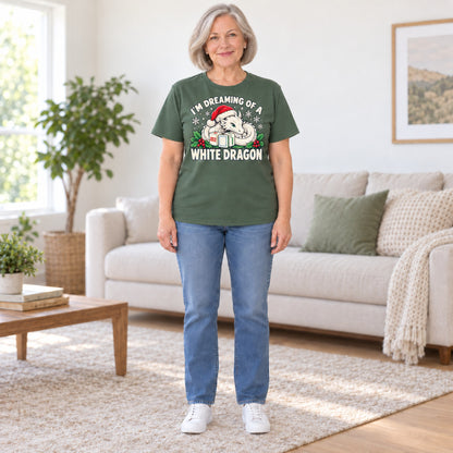 White Dragon mahjong T-shirt in Military Green, full length, worn by Carol. Carol is 5′5″ and wears her usual size L. [bb c=military-green r=fit]