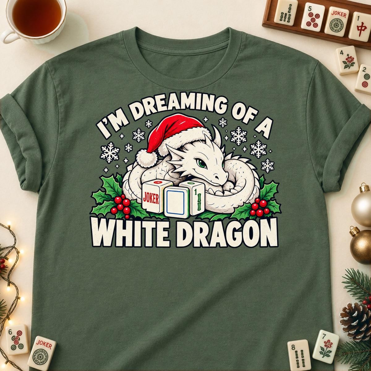 White Dragon mahjong T-shirt in Military Green, laid flat. [bb c=military-green r=flat]