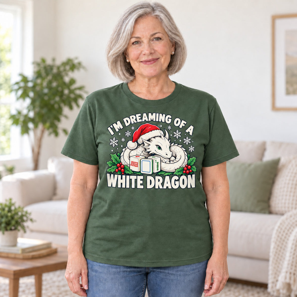 White Dragon mahjong T-shirt in Military Green, worn by Carol. Carol is 5′5″ and wears her usual size L. [bb c=military-green r=hero]