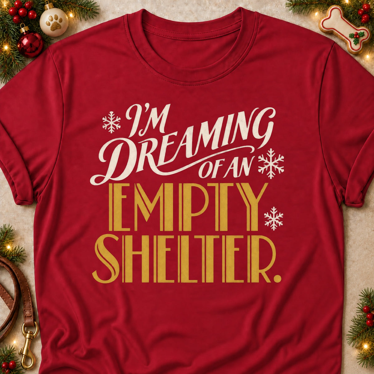 Dreaming Of An Empty Shelter dog mom T-shirt in Cardinal Red, laid flat. [bb c=cardinal-red r=flat]