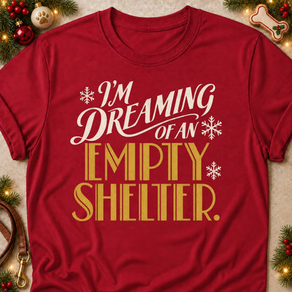 Dreaming Of An Empty Shelter dog mom T-shirt in Cardinal Red, laid flat. [bb c=cardinal-red r=flat]