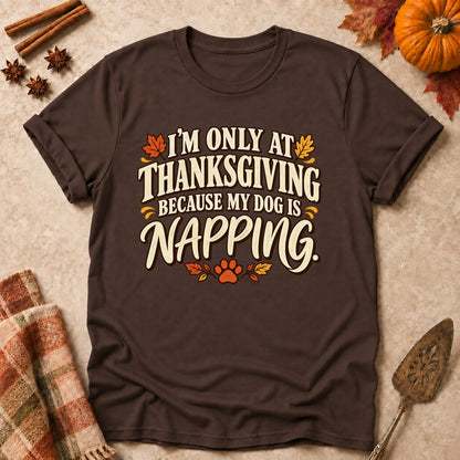 My Dog Is Napping dog mom T-shirt in Dark Chocolate, laid flat. [bb c=dark-chocolate r=flat]