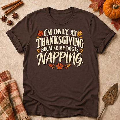 My Dog Is Napping dog mom T-shirt in Dark Chocolate, laid flat. [bb c=dark-chocolate r=flat]